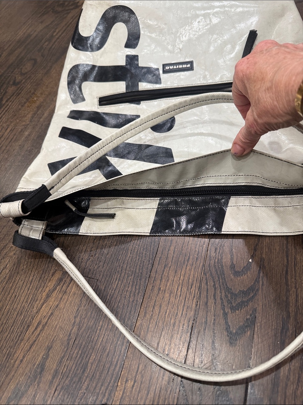 FREITAG Grey & Black Graphic Shoulder Bag with Detachable Pouch. - Picture 15 of 16